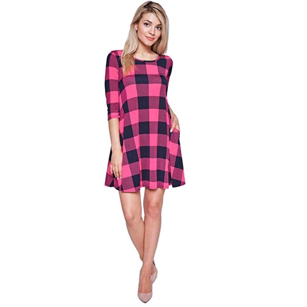 Pink/Black Checker Plaid Tunic Mini Dress Pockets - Picture 4 of 4